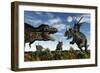 Styracosaurus Dinosaurs Confront a Tyrannosaurus Rex-null-Framed Premium Giclee Print