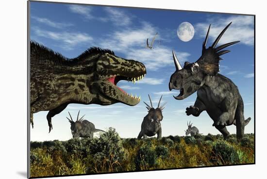 Styracosaurus Dinosaurs Confront a Tyrannosaurus Rex-null-Mounted Premium Giclee Print