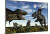 Styracosaurus Dinosaurs Confront a Tyrannosaurus Rex-null-Mounted Premium Giclee Print