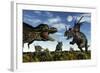 Styracosaurus Dinosaurs Confront a Tyrannosaurus Rex-null-Framed Art Print