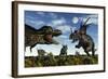 Styracosaurus Dinosaurs Confront a Tyrannosaurus Rex-null-Framed Art Print