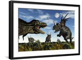 Styracosaurus Dinosaurs Confront a Tyrannosaurus Rex-null-Framed Art Print