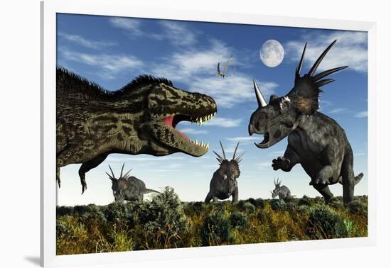 Styracosaurus Dinosaurs Confront a Tyrannosaurus Rex-null-Framed Art Print