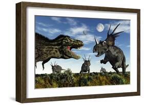 Styracosaurus Dinosaurs Confront a Tyrannosaurus Rex-null-Framed Art Print