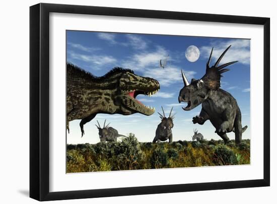 Styracosaurus Dinosaurs Confront a Tyrannosaurus Rex-null-Framed Art Print