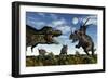 Styracosaurus Dinosaurs Confront a Tyrannosaurus Rex-null-Framed Art Print