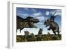 Styracosaurus Dinosaurs Confront a Tyrannosaurus Rex-null-Framed Art Print