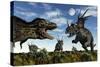 Styracosaurus Dinosaurs Confront a Tyrannosaurus Rex-null-Stretched Canvas