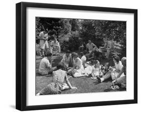 Suburban Family and Guests Having Picnic Supper in Backyard-null-Framed Photographic Print