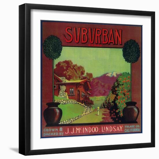 Suburban Orange Label - Lindsay, CA-Lantern Press-Framed Art Print