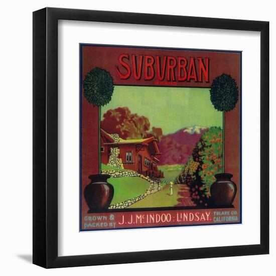 Suburban Orange Label - Lindsay, CA-Lantern Press-Framed Art Print