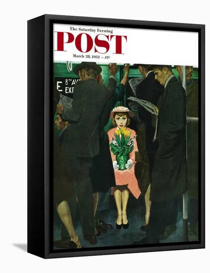 "Subway Girl and Easter Lily" Saturday Evening Post Cover, March 28, 1953-George Hughes-Framed Stretched Canvas