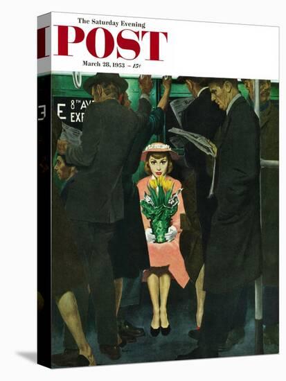 "Subway Girl and Easter Lily" Saturday Evening Post Cover, March 28, 1953-George Hughes-Stretched Canvas