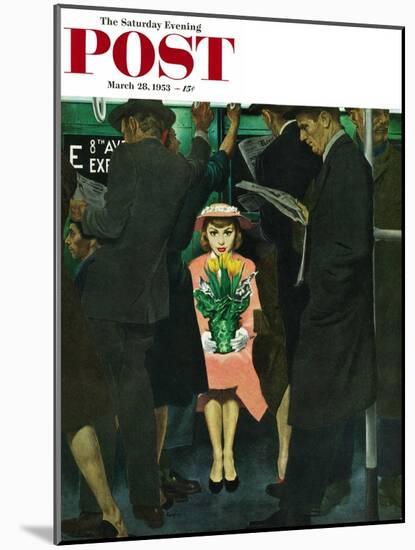 "Subway Girl and Easter Lily" Saturday Evening Post Cover, March 28, 1953-George Hughes-Mounted Giclee Print