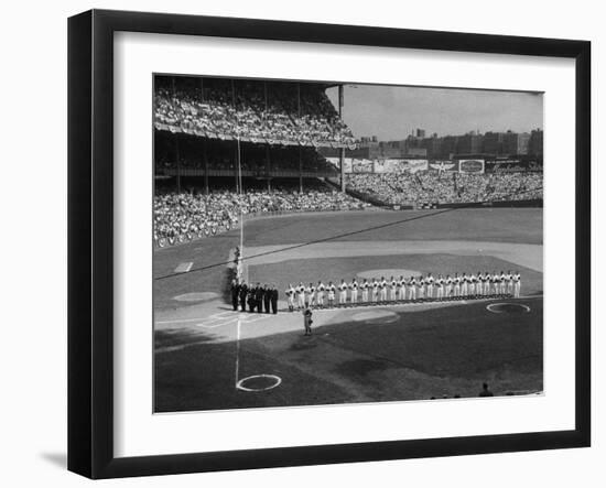 Subway Series: Overall View of Yankee Stadium as the NY Yankees, Umpires and the Brooklyn Dodgers-Ralph Morse-Framed Premium Photographic Print