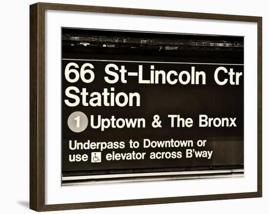 Subway Sign at Times Square, 66 Street Lincoln Station, Manhattan, NYC, USA, Sepia Photography-Philippe Hugonnard-Framed Photographic Print