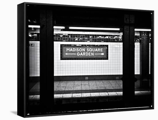 Subway Sign, Black and White Photography, Madison Square Garden, Manhattan, New York, United States-Philippe Hugonnard-Framed Stretched Canvas