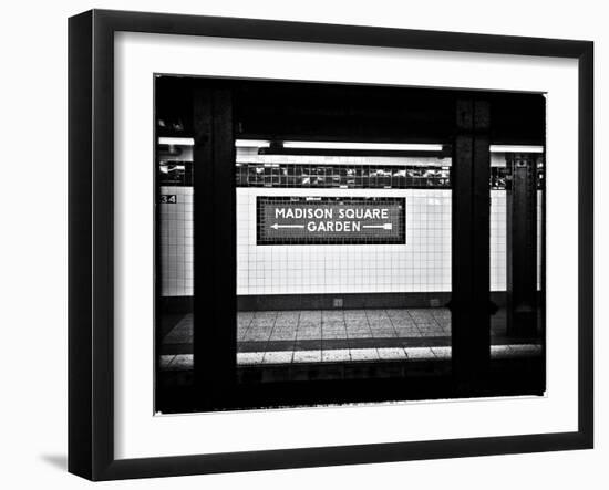 Subway Sign, Black and White Photography, Madison Square Garden, Manhattan, New York, United States-Philippe Hugonnard-Framed Art Print