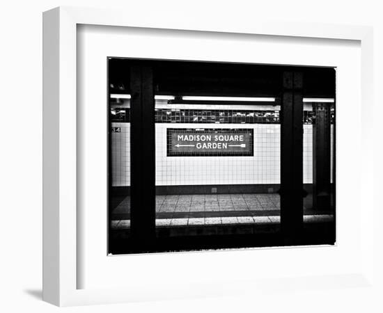 Subway Sign, Black and White Photography, Madison Square Garden, Manhattan, New York, United States-Philippe Hugonnard-Framed Art Print