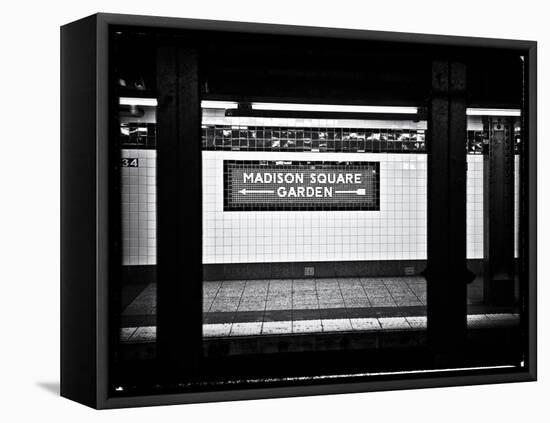 Subway Sign, Black and White Photography, Madison Square Garden, Manhattan, New York, United States-Philippe Hugonnard-Framed Stretched Canvas