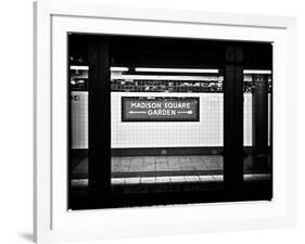 Subway Sign, Black and White Photography, Madison Square Garden, Manhattan, New York, United States-Philippe Hugonnard-Framed Art Print