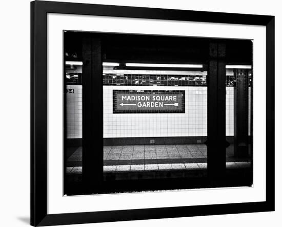 Subway Sign, Black and White Photography, Madison Square Garden, Manhattan, New York, United States-Philippe Hugonnard-Framed Art Print