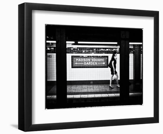 Subway Sign, Black and White Photography, Madison Square Garden, Manhattan, New York, United States-Philippe Hugonnard-Framed Art Print