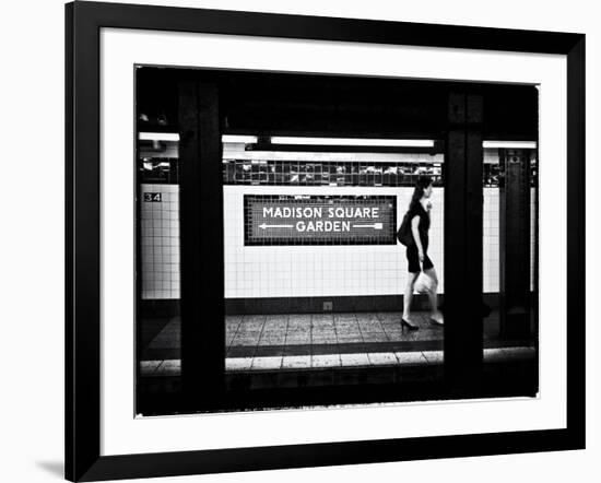 Subway Sign, Black and White Photography, Madison Square Garden, Manhattan, New York, United States-Philippe Hugonnard-Framed Art Print