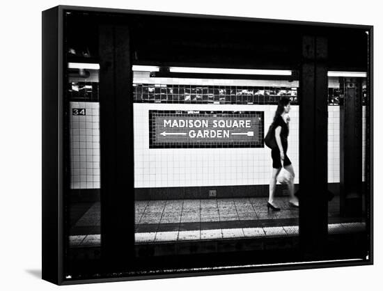 Subway Sign, Black and White Photography, Madison Square Garden, Manhattan, New York, United States-Philippe Hugonnard-Framed Stretched Canvas