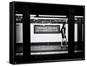 Subway Sign, Black and White Photography, Madison Square Garden, Manhattan, New York, United States-Philippe Hugonnard-Framed Stretched Canvas