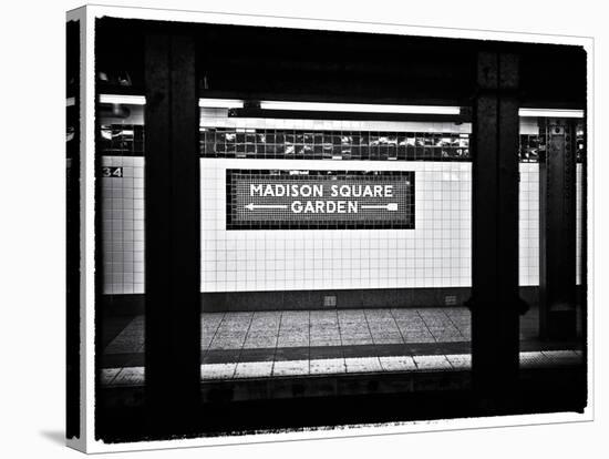 Subway Sign, Black and White Photography, Madison Square Garden, Manhattan, New York, United States-Philippe Hugonnard-Stretched Canvas