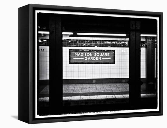 Subway Sign, Black and White Photography, Madison Square Garden, Manhattan, New York, United States-Philippe Hugonnard-Framed Stretched Canvas