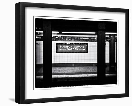 Subway Sign, Black and White Photography, Madison Square Garden, Manhattan, New York, United States-Philippe Hugonnard-Framed Art Print