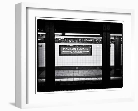 Subway Sign, Black and White Photography, Madison Square Garden, Manhattan, New York, United States-Philippe Hugonnard-Framed Art Print