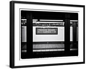 Subway Sign, Black and White Photography, Madison Square Garden, Manhattan, New York, United States-Philippe Hugonnard-Framed Art Print