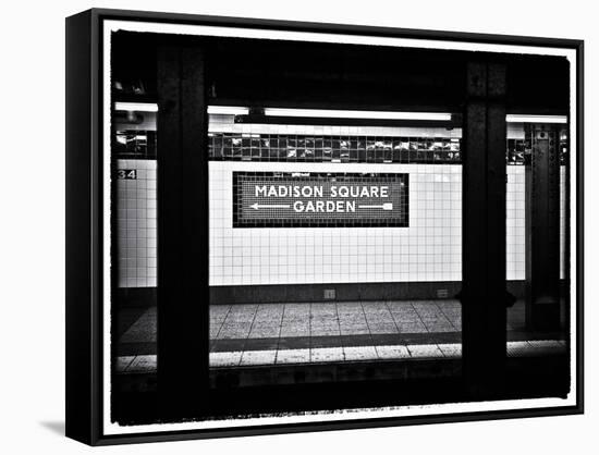 Subway Sign, Black and White Photography, Madison Square Garden, Manhattan, New York, United States-Philippe Hugonnard-Framed Stretched Canvas