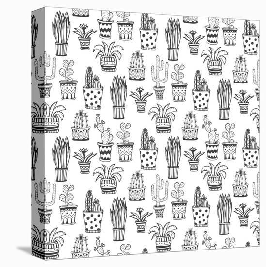 Succulent and Cactus Pattern. Doodle Flowers in Pots Background.-worldion-Stretched Canvas