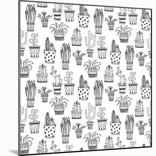 Succulent and Cactus Pattern. Doodle Flowers in Pots Background.-worldion-Mounted Art Print