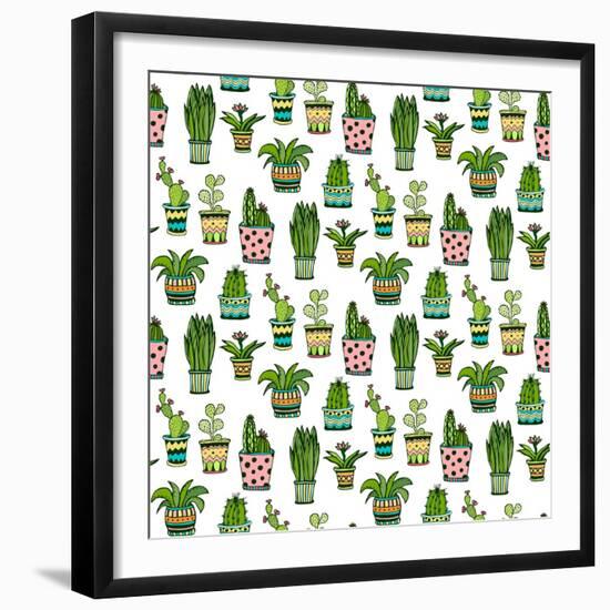 Succulent and Cactus Seamless Pattern. Colorful Doodle Flowers in Pots. Vector Background.-worldion-Framed Premium Giclee Print