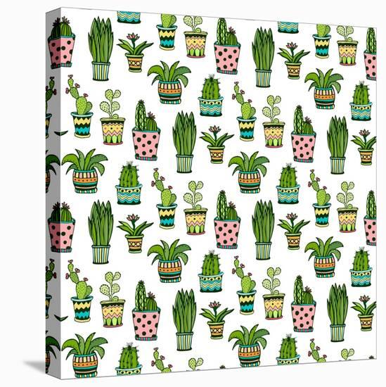 Succulent and Cactus Seamless Pattern. Colorful Doodle Flowers in Pots. Vector Background.-worldion-Stretched Canvas