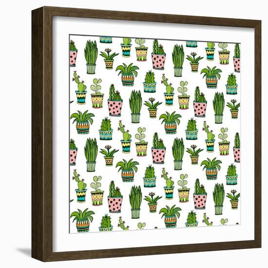 Succulent and Cactus Seamless Pattern. Colorful Doodle Flowers in Pots. Vector Background.-worldion-Framed Art Print