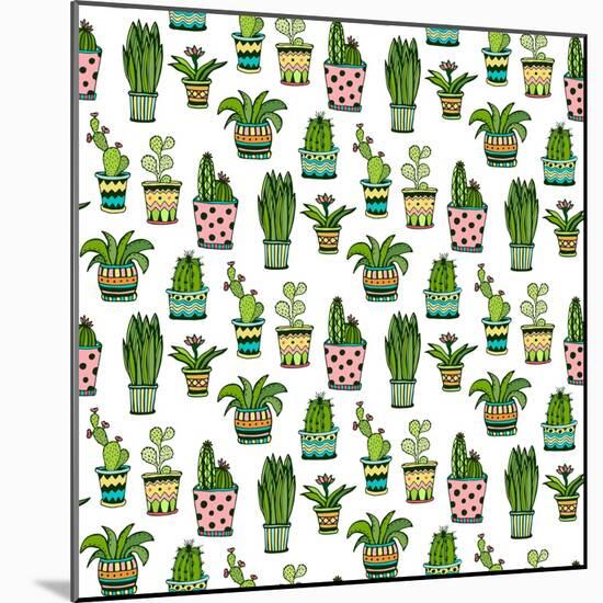 Succulent and Cactus Seamless Pattern. Colorful Doodle Flowers in Pots. Vector Background.-worldion-Mounted Art Print