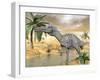 Suchomimus Dinosaur Walking in the Water in Desert Landscape-null-Framed Art Print