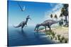 Suchomimus Dinosaurs - A Large Fish is Caught by a Suchomimus Dinosaur While a Flying Pterosaur Din-Catmando-Stretched Canvas