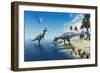 Suchomimus Dinosaurs - A Large Fish is Caught by a Suchomimus Dinosaur While a Flying Pterosaur Din-Catmando-Framed Art Print