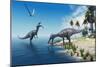 Suchomimus Dinosaurs - A Large Fish is Caught by a Suchomimus Dinosaur While a Flying Pterosaur Din-Catmando-Mounted Art Print