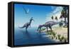 Suchomimus Dinosaurs - A Large Fish is Caught by a Suchomimus Dinosaur While a Flying Pterosaur Din-Catmando-Framed Stretched Canvas