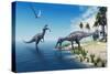 Suchomimus Dinosaurs - A Large Fish is Caught by a Suchomimus Dinosaur While a Flying Pterosaur Din-Catmando-Stretched Canvas