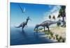 Suchomimus Dinosaurs - A Large Fish is Caught by a Suchomimus Dinosaur While a Flying Pterosaur Din-Catmando-Framed Art Print