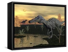 Suchomimus Dinosaurs Walking Next to Pond at Sunset-Stocktrek Images-Framed Stretched Canvas